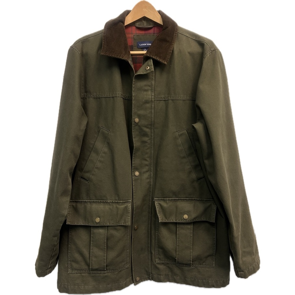 Lands’ End Barn Coat Mens Olive Green Canvas Plaid Lined Chore Jacket w/ Pockets